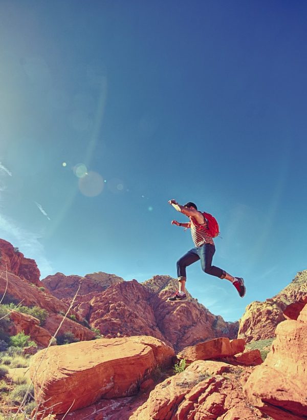 man, jumping, mountains